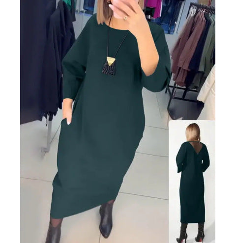 Damen nan gerades Maxikleid mit knöchellanger Silhouette, halblangen Ärmeln, Seitentaschen und transparentem V-Rücken Drune