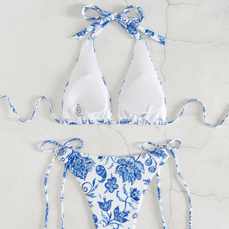Damen Triangel-Bikini mit floralem Design und verstellbaren Bindebändern Drune