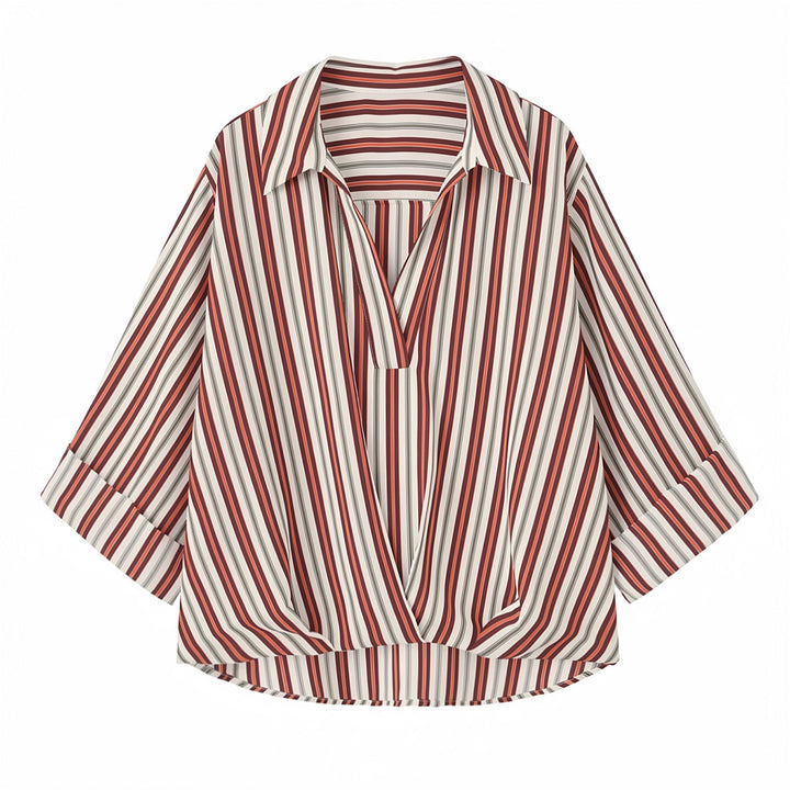 Damen Gestreifte Bluse mit V‑Ausschnitt, weitem Schnitt und dreiviertel Ärmeln Drune