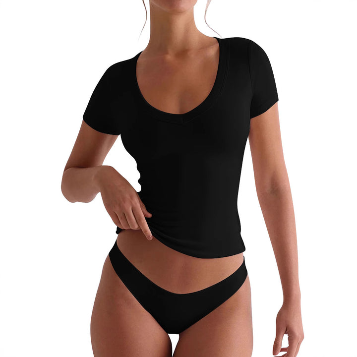 Damen figurbetontes V-Neck T-Shirt mit kurzen Ärmeln Drune