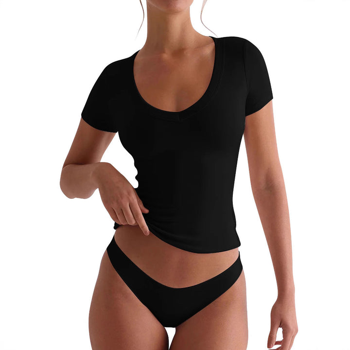 Damen figurbetontes V-Neck T-Shirt mit kurzen Ärmeln Drune