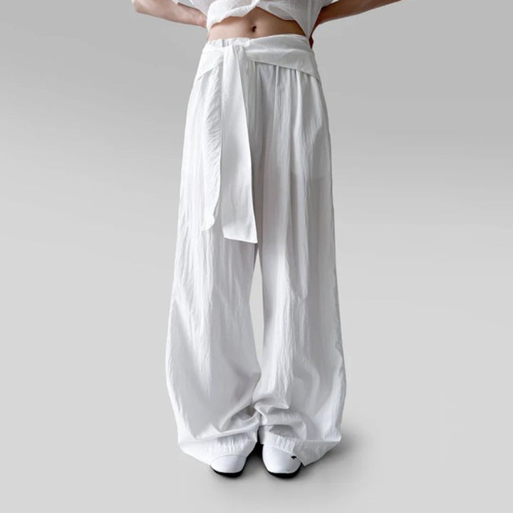 Damen nan Highwaist Leinenhose mit weitem Bein und dekorativem Bindegürtel Drune