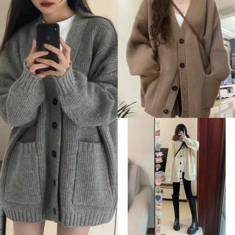 Damen Grobstrick Cardigan mit Taschen und tiefem V-Ausschnitt Drune