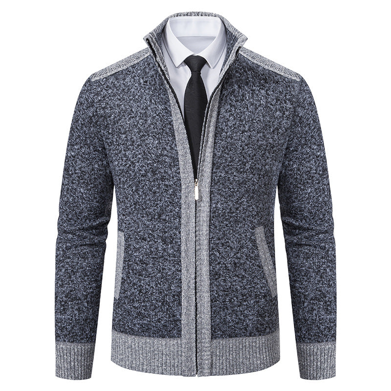 Herren Strickjacke mit Reißverschluss, Stehkragen und kontrastbesetzten Schultern Drune