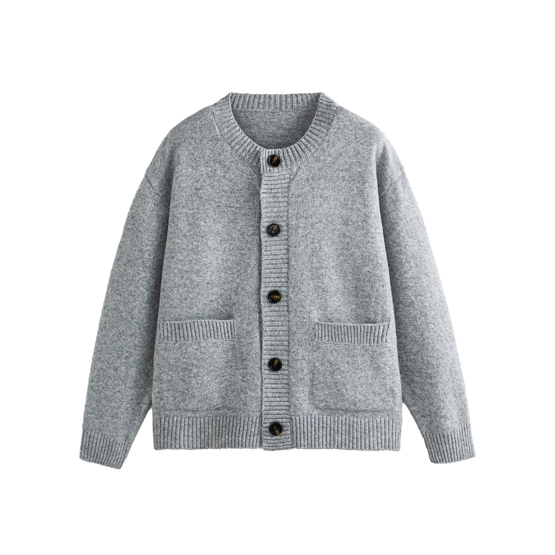 Unisex Grobgestrickte Boxy-Strickjacke mit Knopfleiste, Rundhalsausschnitt und aufgesetzten Taschen Drune