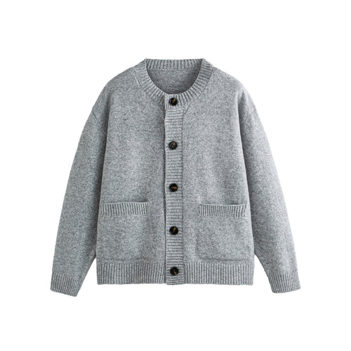 Unisex Grobgestrickte Boxy-Strickjacke mit Knopfleiste, Rundhalsausschnitt und aufgesetzten Taschen Drune