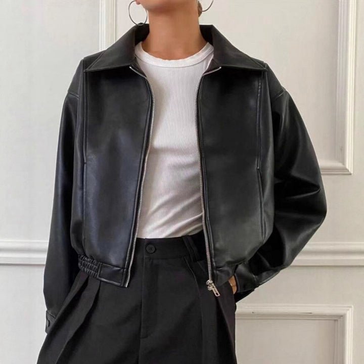 Damen Oversized Lederjacke im Bomberstil mit elastischem Saum Drune