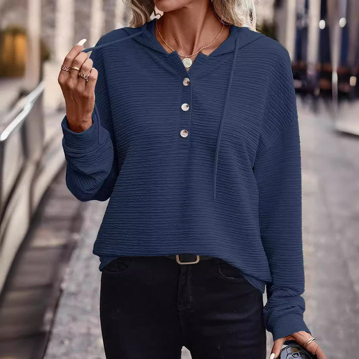 Damen Texturierter Kapuzen-Henleypullover mit Knopfleiste Drune