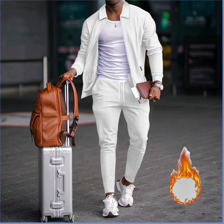 Herren nan zweiteiliges Reise-Loungewear-Set mit strukturierter Jacke, Reißverschluss und konischer Jogginghose Drune