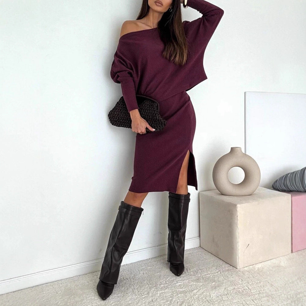 Damen Zweisitiges geripptes Strick-Set mit Off-Shoulder-Oversize-Pullover und tailliertem Midirock mit Seitenschlitz Drune