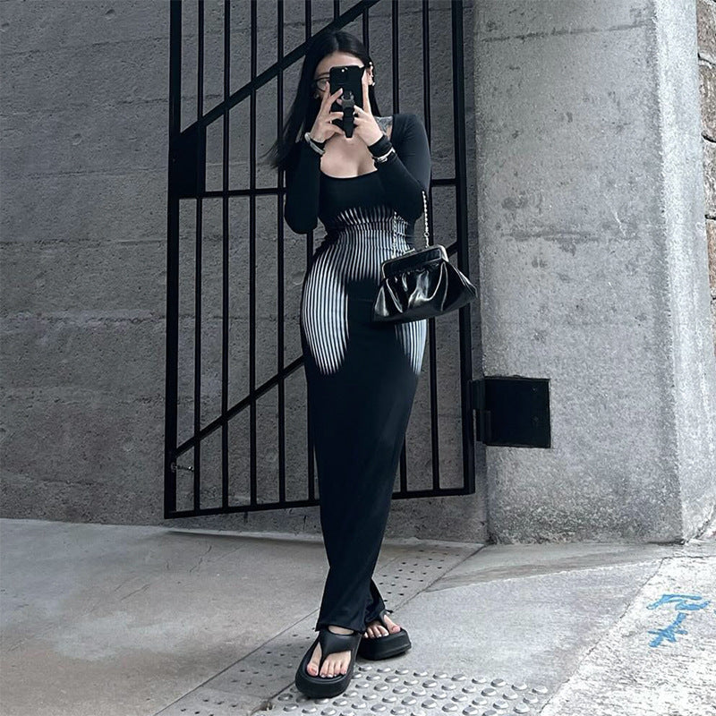 Damen Elegantes Maxikleid mit wellenförmigem Design und langen Ärmeln Drune