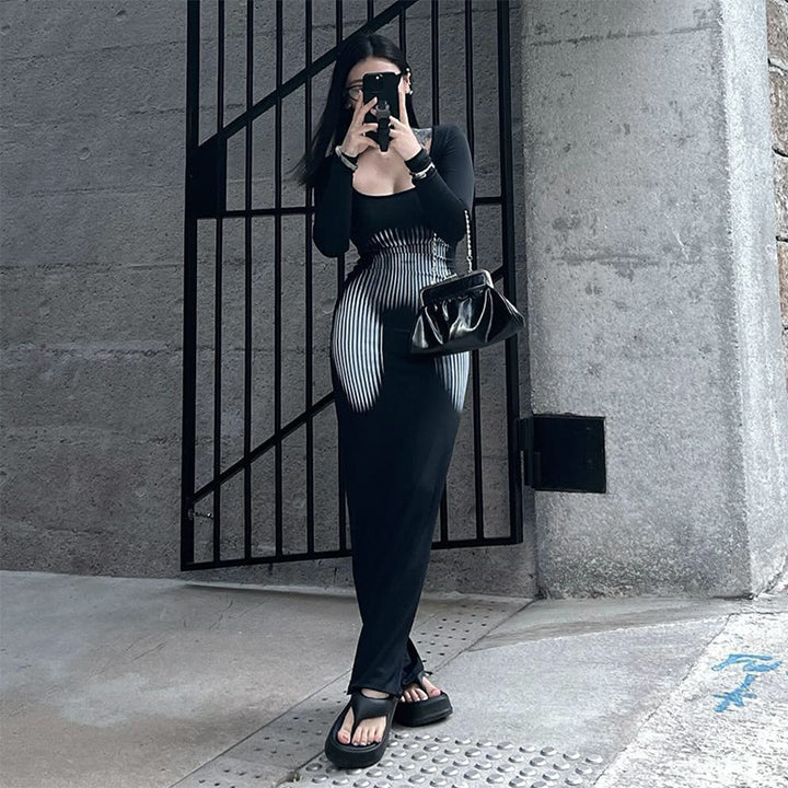 Damen Elegantes Maxikleid mit wellenförmigem Design und langen Ärmeln Drune