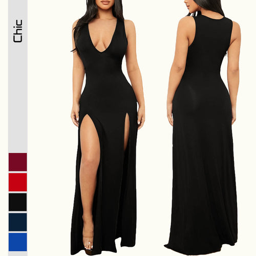Damen Elegantes Maxikleid mit tiefem V-Ausschnitt und seitlichen Schlitzen Drune