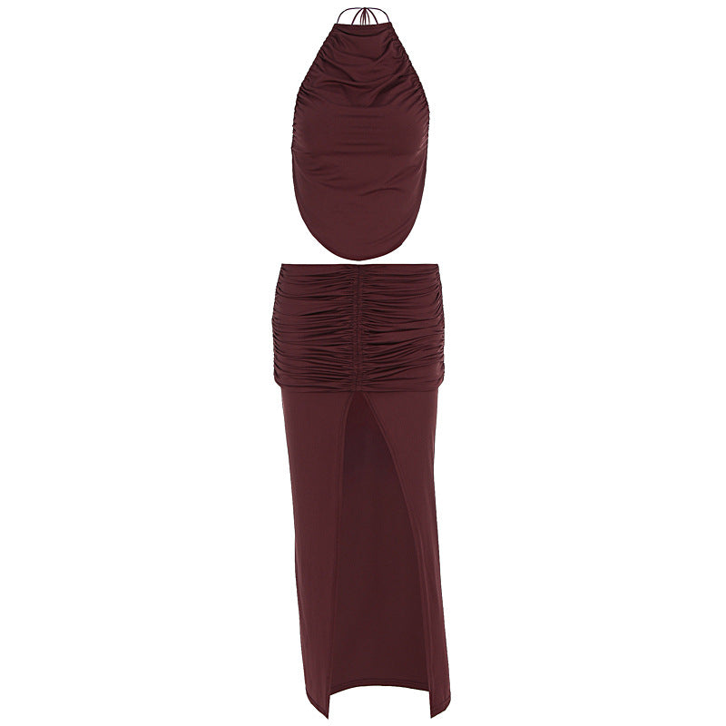 Damen Elegantes Maxikleid mit asymmetrischem Halterhals und ausgefallenem Schlitz Drune
