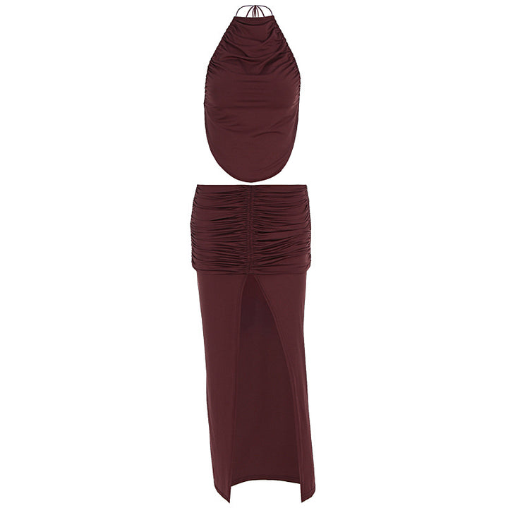 Damen Elegantes Maxikleid mit asymmetrischem Halterhals und ausgefallenem Schlitz Drune