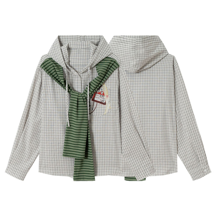 Damen Oversize Hemdjacke mit Kapuze, angenähtem Strickschal und Brustpatch Drune