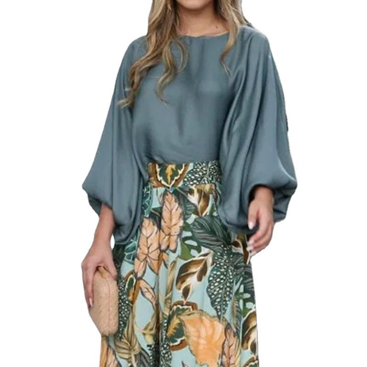 Damen Zweiteiler-Set aus Bluse mit Ballonärmeln und High-Waist Palazzo-Hose Drune