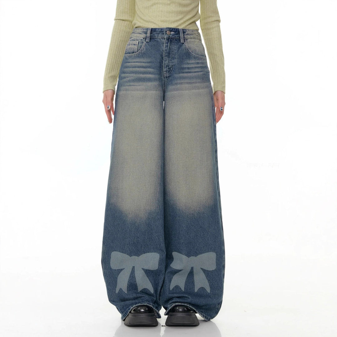 Damen nan hochtaillierte Palazzohose aus Denim mit extra weitem Bein und Schleifenprint Drune