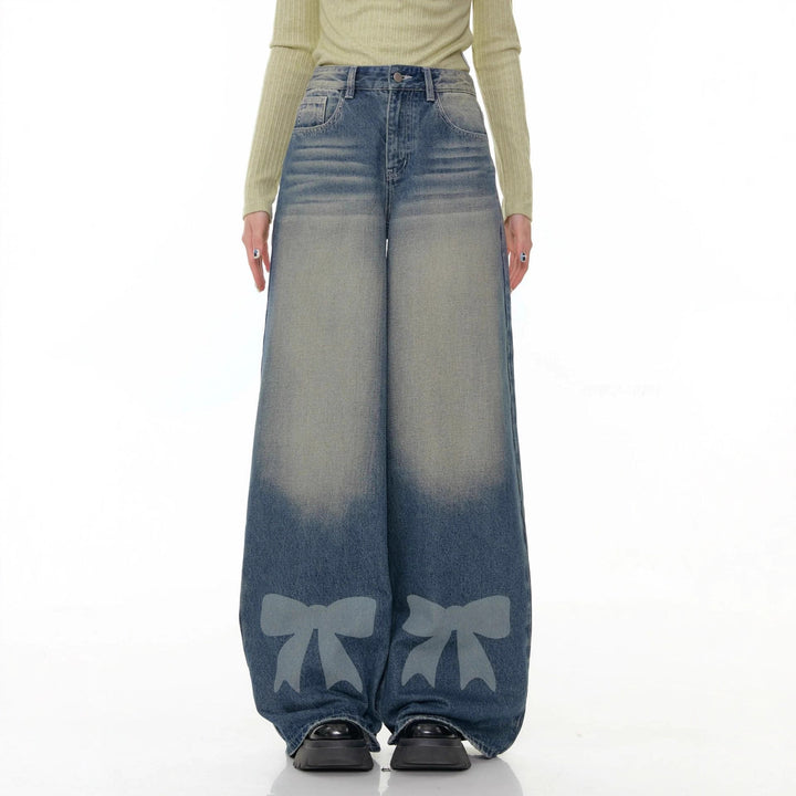 Damen nan hochtaillierte Palazzohose aus Denim mit extra weitem Bein und Schleifenprint Drune
