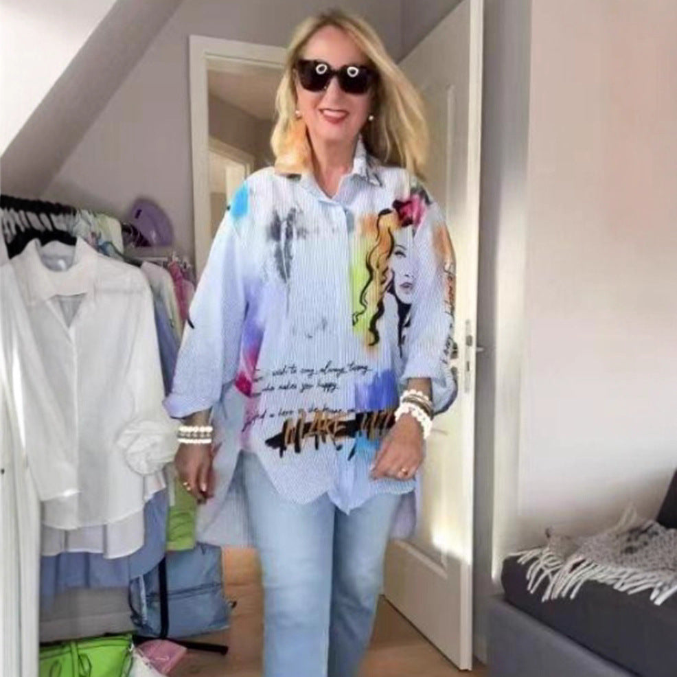 Damen nan kunstvoll bedruckte weit geschnittene Hemdbluse mit Popartmotiv und Nadelstreifen Drune