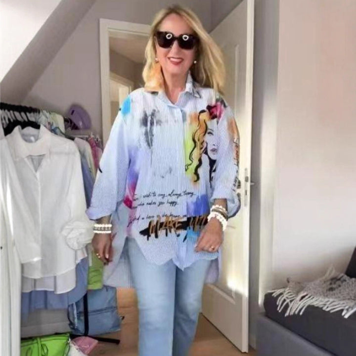 Damen nan kunstvoll bedruckte weit geschnittene Hemdbluse mit Popartmotiv und Nadelstreifen Drune