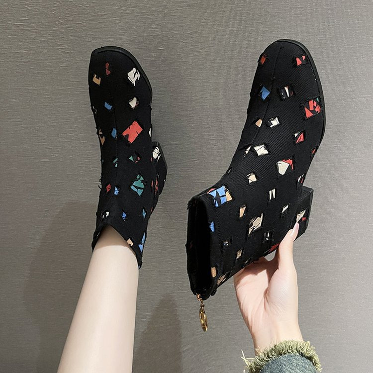 Damen Modische Ankle-Boots mit kreativem Geometrie-Druck und elegantem Reißverschluss Drune