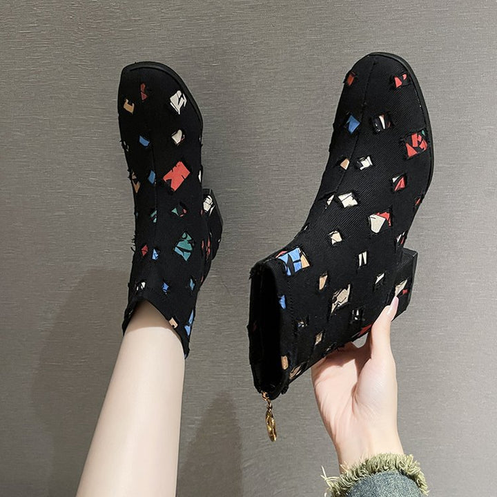 Damen Modische Ankle-Boots mit kreativem Geometrie-Druck und elegantem Reißverschluss Drune
