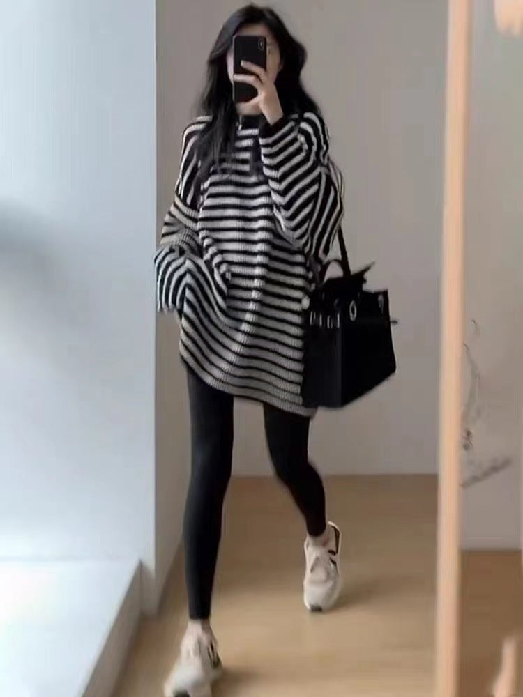 Damen Oversize Strick-Longpullover mit horizontaler Streifenstruktur Drune