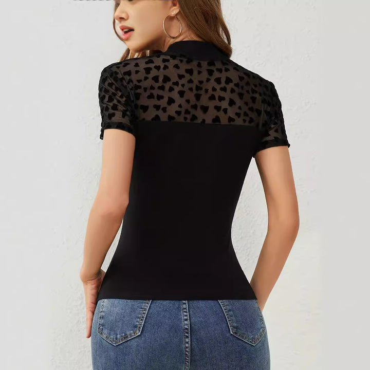 Damen nan figurbetonter Body mit transparentem Herz-Mesh und Stehkragen Drune