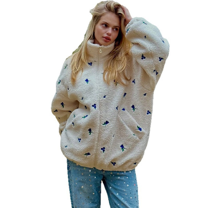 Damen kuschelige Fleecejacke mit Blumenstickerei Drune