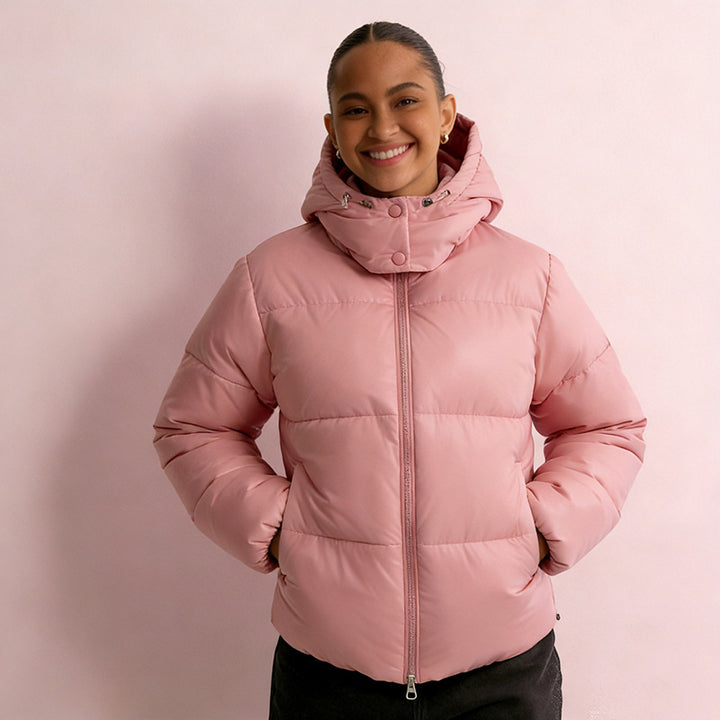 Damen Stepp-Pufferjacke mit Kapuze, hohem Stehkragen und Zwei-Wege‑Reißverschluss Drune