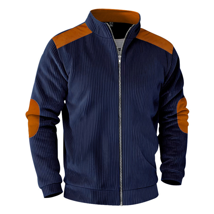 Herren nan gerippte Stehkragen-Sweatjacke mit durchgehendem Reißverschluss, Schulter- und Ellbogen-Patches Drune