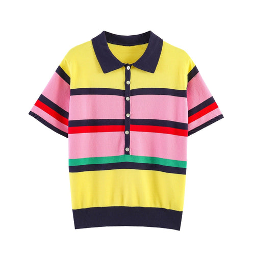 Damen Kurzarm Polo-Shirt mit buntem Streifenmuster Drune