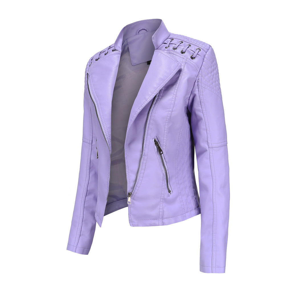 Damen nan taillierte Kunstleder-Bikerjacke mit gesteppter Schulterpartie, asymmetrischem Reißverschluss und Zierösen Drune