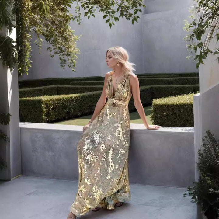 Damen Elegant fließendes Abendkleid mit goldenen Akzenten und tiefem V-Ausschnitt Drune