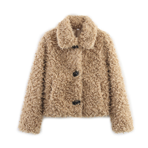 Damen nan kurze Bouclé-Teddyjacke mit lockiger Webstruktur Hemdkragen und Knopfverschluss Drune