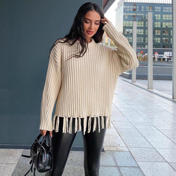 Damen lässiger Rippstrick-Pullover mit Fransen-Saum und Oversize-Silhouette Drune