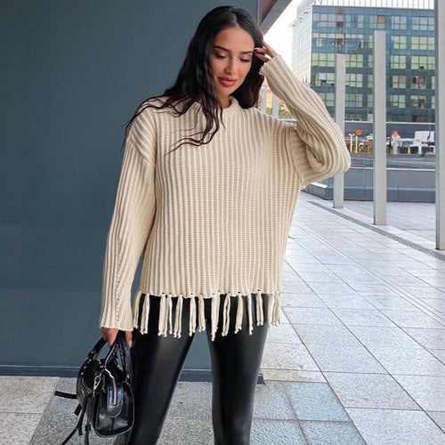 Damen lässiger Rippstrick-Pullover mit Fransen-Saum und Oversize-Silhouette Drune