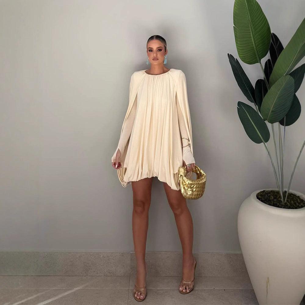 Damen Plissiertes Cocktail-Minikleid mit langen eng anliegenden Ärmeln und balloniertem Saum Drune