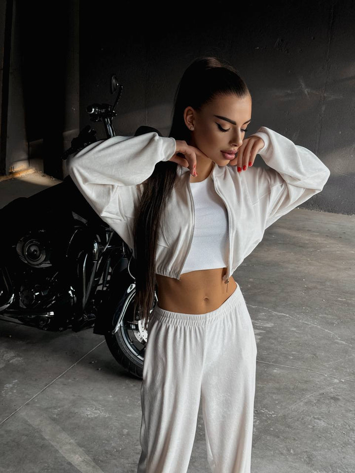 Damen lässiger Sportanzug mit cropped Jacke und weiten Hosen Drune