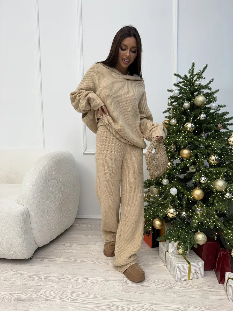 Damen Weiches Strick-Loungewear-Set mit Oversize-Pullover und weiter Palazzo-Hose Drune