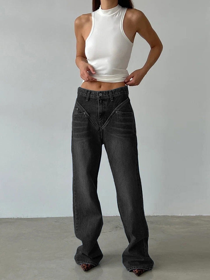 Damen nan hochgeschnittene weite Denim-Hose mit V-förmiger Bundnaht und extra-langem Bein Drune
