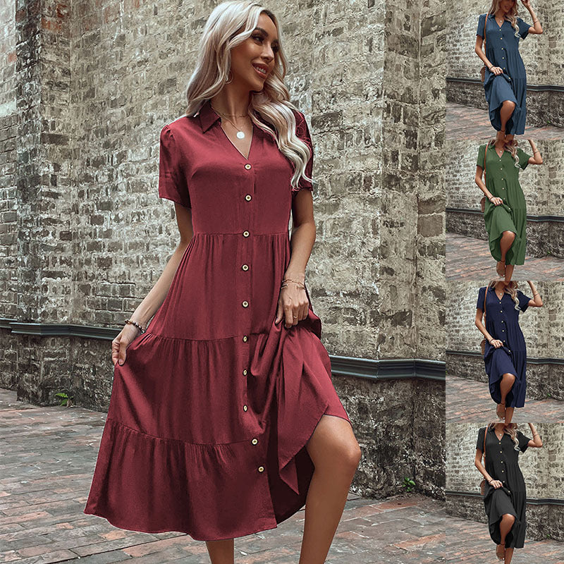 Damen lässiges Maxikleid mit Knopfleiste und voluminösen Rüschen Drune