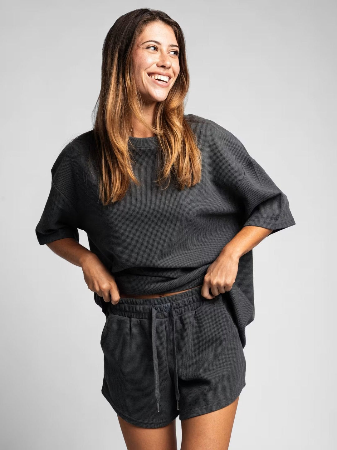 Damen lässiges Oberteil und Shorts-Set aus weichem Waffelstoff Drune