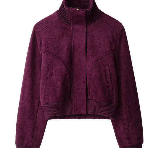 Damen Cropped Velours‑Bomberjacke mit hohem Rippenkragen und verdeckter Verschlussleiste Drune