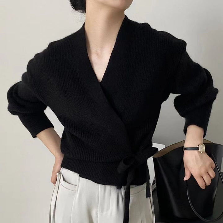 Damen eleganter Wickelpullover mit V-Ausschnitt und Taillenzug Drune