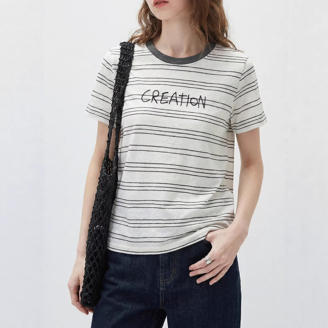 Damen Modernes Streifen-Shirt mit Rundhalsausschnitt Drune