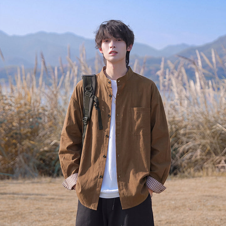 Herren Oversize-Hemd aus leichtem Baumwollmix mit Mandarinkragen und Brusttasche Drune