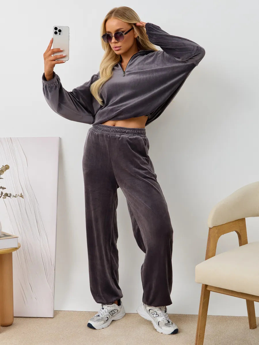 Damen samtiges zweiteiliges Lounge-Set mit Kapuzen-Halbzip und elastischer Bundhose Drune