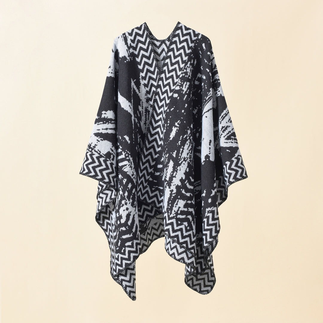 Damen Strick‑Ruana mit abstraktem Jacquard und Kettelsaum Drune